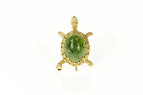 14K Jade Cabochon Turtle Tortoise Ornate Retro Pin/Brooch Yellow Gold