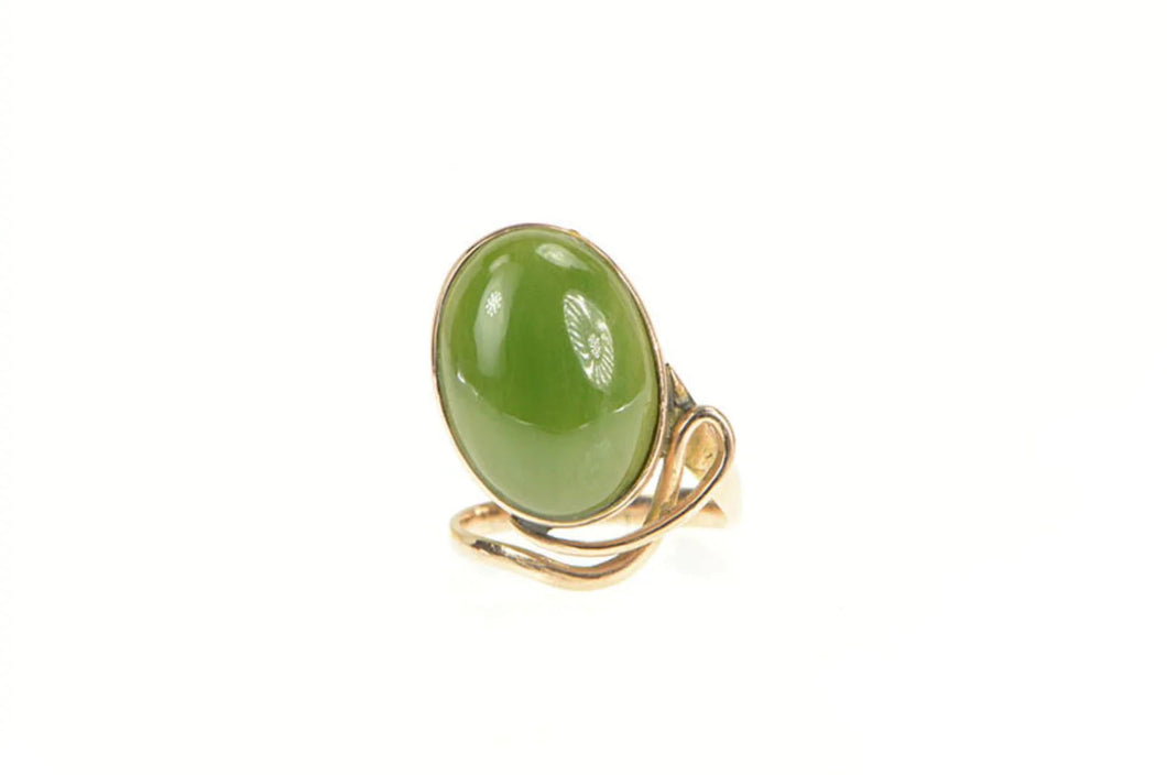 14K Art Nouveau Oval Nephrite Cabochon Ring Yellow Gold