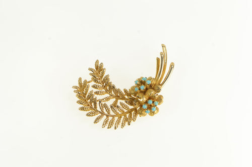 10K Turquoise Cluster Fern Leaf Sprig Retro Pin/Brooch Yellow Gold
