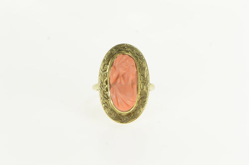 14K Victorian Coral Carved Cameo Engraved Oval Ring Yellow Gold