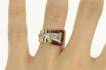 Load image into Gallery viewer, 14K Art Deco Diamond Sapphire Ruby Buckle Ring Yellow Gold