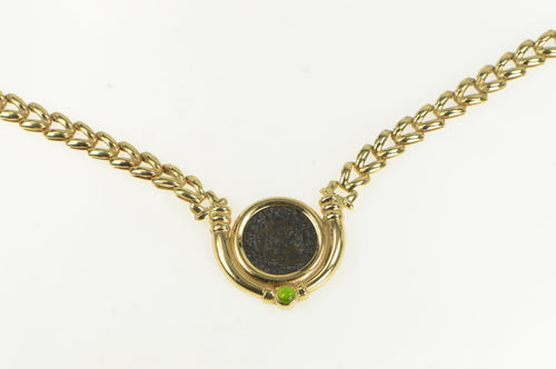 14K Ancient Roman Coin Peridot Arrow Link Chain Necklace 15.5