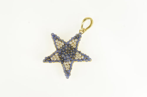 18K Sapphire Pearl Encrusted Star Statement Pendant Yellow Gold