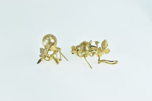 18K J Y Designer Diamond Pearl Butterfly Earrings Yellow Gold
