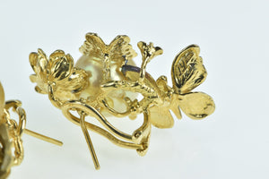 18K J Y Designer Diamond Pearl Butterfly Earrings Yellow Gold
