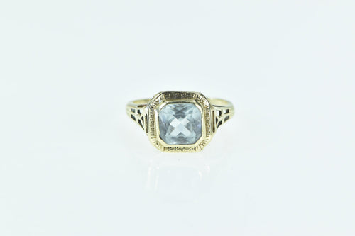 14K Art Deco Syn. Aquamarine Filigree Ornate Ring Yellow Gold