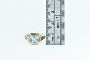 14K Art Deco Syn. Aquamarine Filigree Ornate Ring Yellow Gold