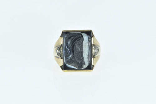 10K 1940's Black Onyx Two Face Cameo Diamond Ring Yellow Gold