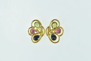 18K Pear Sapphire Ruby Peridot Flower Stud Earrings Yellow Gold