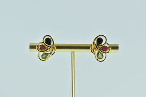 18K Pear Sapphire Ruby Peridot Flower Stud Earrings Yellow Gold