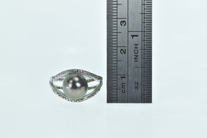 14K Oval Grey Pearl Diamond Vintage Statement Ring White Gold