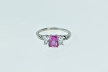 Load image into Gallery viewer, 10K Emerald Cut Syn. Pink Sapphire CZ Diamond Ring White Gold