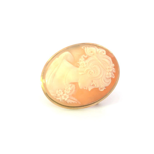 18K Carved Shell Cameo Classic Vintage Lady Pin/Brooch Yellow Gold