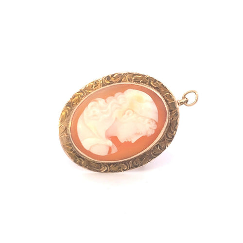 14K Vintage Carved Lady Bonnet Cameo Ornate Pendant/Pin Yellow Gold
