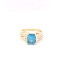 Load image into Gallery viewer, 10K Emerald Cut Blue Topaz Diamond Statement Ring Yellow Gold