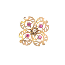 Load image into Gallery viewer, 10K Victorian Ruby Diamond Floral Clover Pin/Brooch Yellow Gold