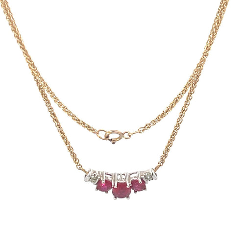 10K Three Stone Syn. Ruby Diamond Chain Necklace 16.75