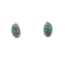 Load image into Gallery viewer, Sterling Silver Oval Malachite Cabochon Vintage Clip Back Earrings
