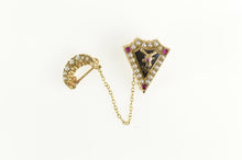 Load image into Gallery viewer, 10K Seed Pearl Ruby Stag Crescent Moon Lapel Pin/Brooch Yellow Gold