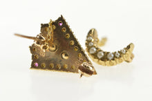 Load image into Gallery viewer, 10K Seed Pearl Ruby Stag Crescent Moon Lapel Pin/Brooch Yellow Gold