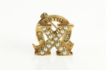 Load image into Gallery viewer, 10K Victorian Omega Chi Seed Pearl Enamel X Lapel Pin/Brooch Yellow Gold