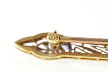 Load image into Gallery viewer, 14K Art Deco Filigree Iolite Seed Pearl Ornate Bar Pin/Brooch Yellow Gold