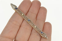 Load image into Gallery viewer, 14K Art Deco Filigree Iolite Seed Pearl Ornate Bar Pin/Brooch Yellow Gold