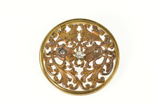 Load image into Gallery viewer, 14K 1940's Diamond Inset Ornate Scrollwork Round Pin/Brooch Yellow Gold