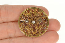 Load image into Gallery viewer, 14K 1940's Diamond Inset Ornate Scrollwork Round Pin/Brooch Yellow Gold
