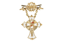 Load image into Gallery viewer, 14K Victorian Ornate Enamel Masonic Heraldic Cross Pin/Brooch Yellow Gold