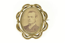Load image into Gallery viewer, Gold Filled Victorian Photograph Fabric Spinning Mourning Pin/Brooch