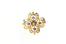 Load image into Gallery viewer, 10K Victorian Syn. Ruby Diamond Clover Filigree Pin/Brooch Yellow Gold