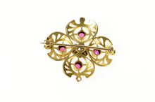 Load image into Gallery viewer, 10K Victorian Syn. Ruby Diamond Clover Filigree Pin/Brooch Yellow Gold
