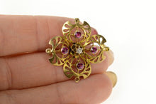 Load image into Gallery viewer, 10K Victorian Syn. Ruby Diamond Clover Filigree Pin/Brooch Yellow Gold