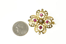 Load image into Gallery viewer, 10K Victorian Syn. Ruby Diamond Clover Filigree Pin/Brooch Yellow Gold