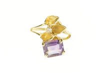 Load image into Gallery viewer, 14K Amethyst Emerald Cut Leaf Design Diamond Ring Size 5.5 Yellow Gold