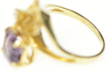 Load image into Gallery viewer, 14K Amethyst Emerald Cut Leaf Design Diamond Ring Size 5.5 Yellow Gold