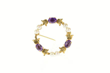 Load image into Gallery viewer, 14K Amethyst Pearl Ornate Floral Round Wreath Pin/Brooch Yellow Gold