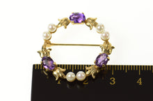 Load image into Gallery viewer, 14K Amethyst Pearl Ornate Floral Round Wreath Pin/Brooch Yellow Gold