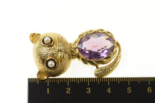 Load image into Gallery viewer, 14K 1960's Amethyst Pearl Garnet Cat Kitten Pin/Brooch Yellow Gold