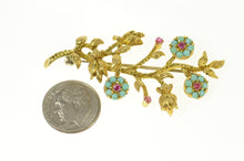 Load image into Gallery viewer, 14K Ornate Turquoise Ruby Flower Statement Pin/Brooch Yellow Gold