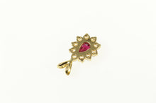 Load image into Gallery viewer, 14K Pear Ruby CZ Halo Ornate Statement Pendant Yellow Gold