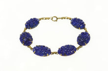 Load image into Gallery viewer, 14K Carved Floral Lapis Lazuli Statement Bracelet 7" Yellow Gold