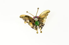Load image into Gallery viewer, 10K Retro Jade Pearl Sim. Ruby Butterfly Pin/Brooch Yellow Gold