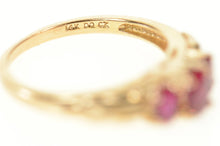 Load image into Gallery viewer, 14K Three Stone Sim. Ruby Ornate Statement Ring Size 7.75 Rose Gold