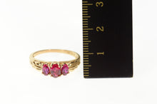 Load image into Gallery viewer, 14K Three Stone Sim. Ruby Ornate Statement Ring Size 7.75 Rose Gold