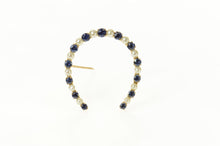 Load image into Gallery viewer, 14K Retro Syn. Sapphire Pearl Horse Shoe Lucky Pin/Brooch Yellow Gold