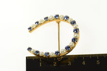 Load image into Gallery viewer, 14K Retro Syn. Sapphire Pearl Horse Shoe Lucky Pin/Brooch Yellow Gold