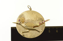 Load image into Gallery viewer, 14K Retro Ornate Syn. Ruby Roadrunner Medallion Charm/Pendant Yellow Gold