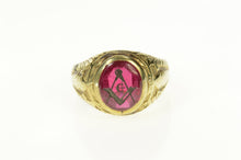 Load image into Gallery viewer, 10K Art Deco Syn. Ruby Masonic Compass Squared Ring Size 9 Yellow Gold